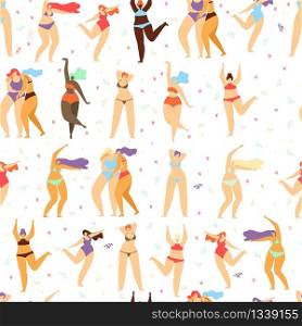Body Positive Feminist Seamless Pattern Motivate Design Love Figure Hearts Decorated Texture Happy Women Dancing Having Fun Posing in Swimsuits Female Freedom Girl Power Template Vector Illustration. Body Positive Motivate Flat Style Seamless Pattern