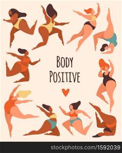 Body positive. Happy overweight women in swimsuits activity poses, charming plus size woman in fashionable trendy bikini dancing, fat female characters poster with text, plus size girls vector concept. Body positive. Happy overweight women in swimsuits activity poses, charming plus size woman in bikini dancing, fat female characters poster with text, plus size girls vector concept