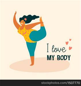 Body positive. Happy plus size girl and active lifestyle. Vector illustration.. Body positive. Happy plus size girl and active lifestyle.