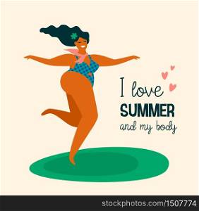 Body positive. Happy plus size girl are dancing. Vector illustration.. Body positive. Happy plus size girl are dancing.