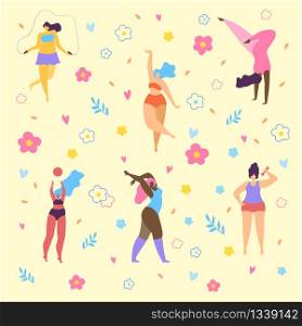 Body Positive. Happy Plus Size Girls and Active Healthy Lifestyle. Multinational Women Dancing on Yellow Background with Herbal Doodle Pattern. Acceptance of Your Own. Cartoon Flat Vector Illustration. Happy Plus Size Girls and Active Healthy Lifestyle