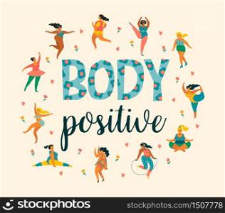 Body positive. Happy plus size girls and active healthy lifestyle. Vector illustration.. Body positive. Happy plus size girls and active healthy lifestyle.