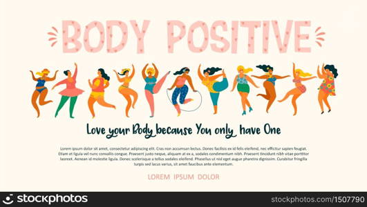 Body positive. Happy plus size girls and active healthy lifestyle. Vector illustration.. Body positive. Happy plus size girls and active healthy lifestyle.