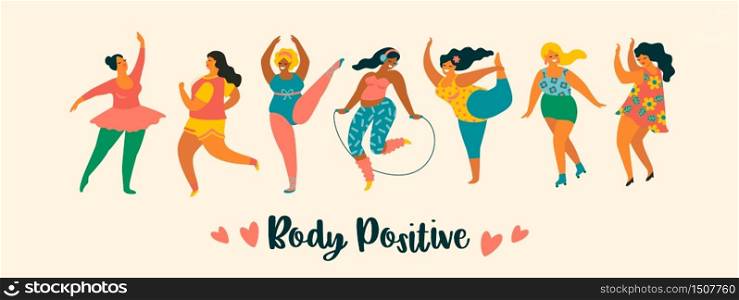 Body positive. Happy plus size girls and active lifestyle. Vector illustration.. Body positive. Happy plus size girls and active lifestyle.