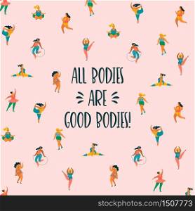 Body positive. Happy plus size girls and active lifestyle. Vector illustration.. Body positive. Happy plus size girls and active lifestyle.