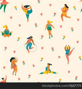 Body positive. Happy plus size girls and active lifestyle. Vector seamless pattern.. Happy plus size girls and active lifestyle. Vector seamless pattern.
