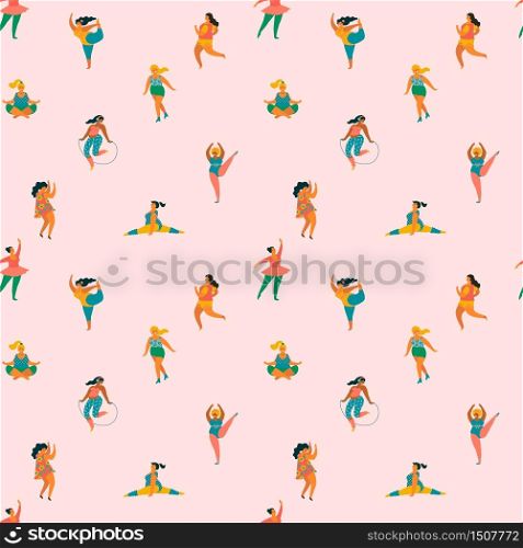 Body positive. Happy plus size girls and active lifestyle. Vector seamless pattern.. Happy plus size girls and active lifestyle. Vector seamless pattern.