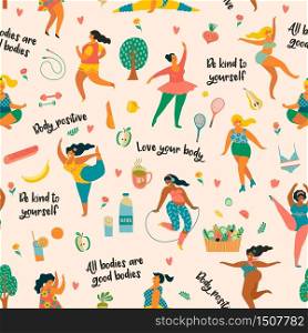 Body positive. Happy plus size girls and active lifestyle. Vector seamless pattern.. Body positive. Happy plus size girls and active lifestyle.