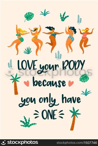Body positive. Happy plus size girls are dancing in swimsuits. Vector illustration.. Body positive. Happy plus size girls are dancing in swimsuits.