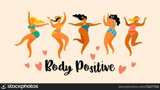 Body positive. Happy plus size girls are dancing. Vector illustration.. Body positive. Happy plus size girls are dancing.