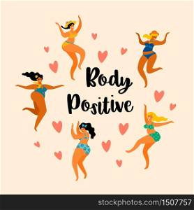 Body positive. Happy plus size girls are dancing. Vector illustration.. Body positive. Happy plus size girls are dancing.