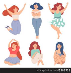 Body positive, happy woman and feel enjoy. Vector body positive and wellbeing lifestyle, illustration of self care and inspiration. Body positive, happy woman and feel enjoy