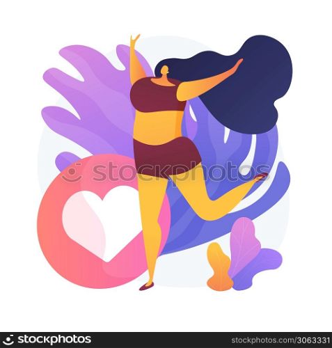 Body positive happy woman. Social media influencer, plus size model, healthy lifestyle. Cheerful overweight girl in underwear cartoon character. Vector isolated concept metaphor illustration.. Body positive happy woman vector concept metaphor.