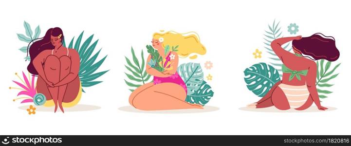 Body positive ladies. Women in flowers sitting in beautiful tropical leaves and plants, happy girls in bikinis, spring summer seasons. Young sexy girls pretty bodies, vector cartoon flat isolated set. Body positive ladies. Women in flowers sitting in beautiful tropical leaves and plants, happy girls in bikinis, spring summer seasons. Young sexy girls, vector cartoon flat isolated set