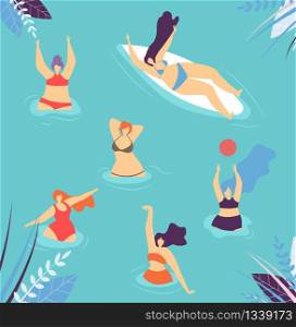 Body Positive Motivation Flat Banner Vector Cartoon Illustration Group of Beautiful Girl Swimming in River Summer Floral Style Design Inspiration to Love and Adore Figure in any Form and Active Life. Positive Motivation Love Body Banner Summer Design
