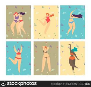 Body Positive Motivational Set Flat Card Colored Backdrop Floral Romantic Style Cartoon Happy Multiracial Women in Bikini Posing Dancing Walking Together Self-Acceptance Illustration in Vector Design. Body Positive Motivational Set Colored Style Card