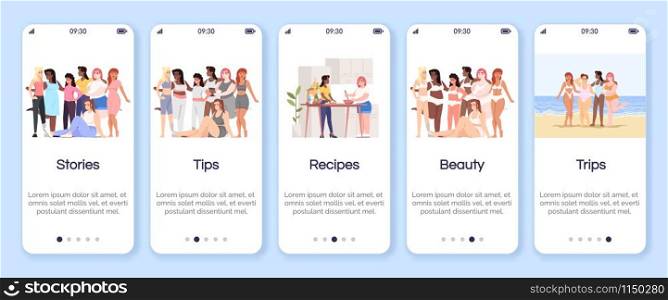 Body positive onboarding mobile app screen vector template. Stories, tips and recipes. Beauty and trips. Walkthrough website steps, flat characters. UX, UI, GUI smartphone cartoon interface concept