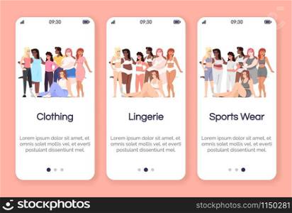 Body positive onboarding mobile app screen vector template. Types of clothing. Lingerie and sportswear. Walkthrough website steps, flat characters. UX, UI, GUI smartphone cartoon interface concept