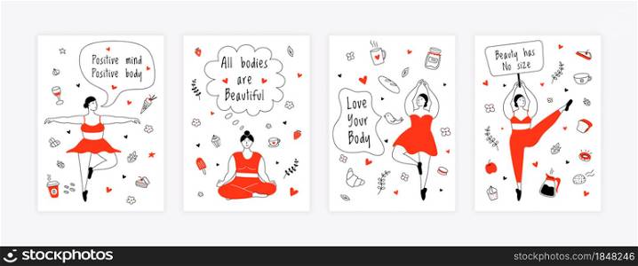 Body positive posters. Female empowerment active lifestyle, fat cartoon characters doing sport exercises and yoga. Vector set healthy active female positivity sport white backgrounds. Body positive posters. Female empowerment active lifestyle, fat cartoon characters doing sport exercises and yoga. Vector set