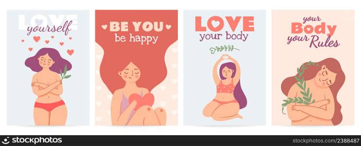 Body positive posters, woman love yourself banners. Vector body love by girl and woman, positive poster yourself illustration concept. Body positive posters, woman love yourself banners