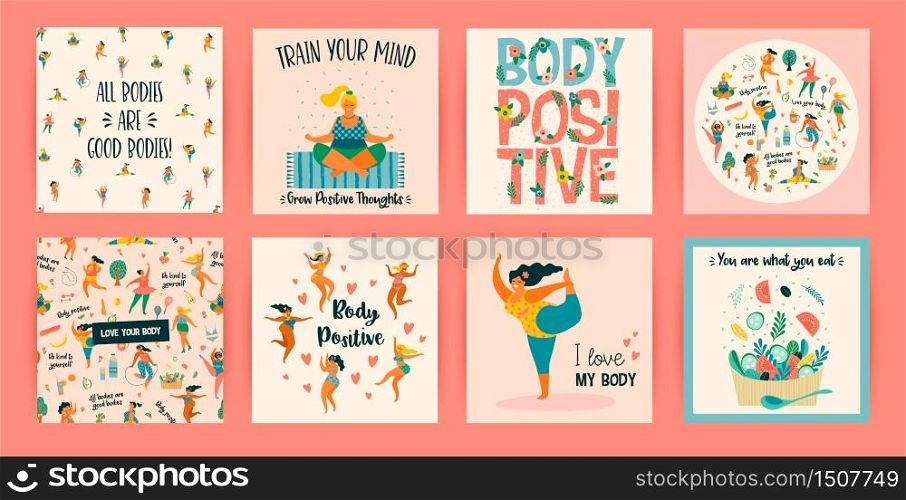 Body positive. Vector templates. Happy plus size girls and active healthy lifestyle. Design elements.. Body positive. Vector templates. Happy plus size girls and active healthy lifestyle.