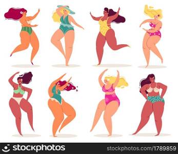 Body positive women in swimsuits. Big girls in beach clothes pretty smiling people dancing, female beauty jumping long hair ladies. Sexy overweight female characters vector cartoon modern isolated set. Body positive women in swimsuits. Big girls in beach clothes pretty smiling people dancing, female beauty jumping long hair ladies. Sexy overweight female characters vector cartoon set