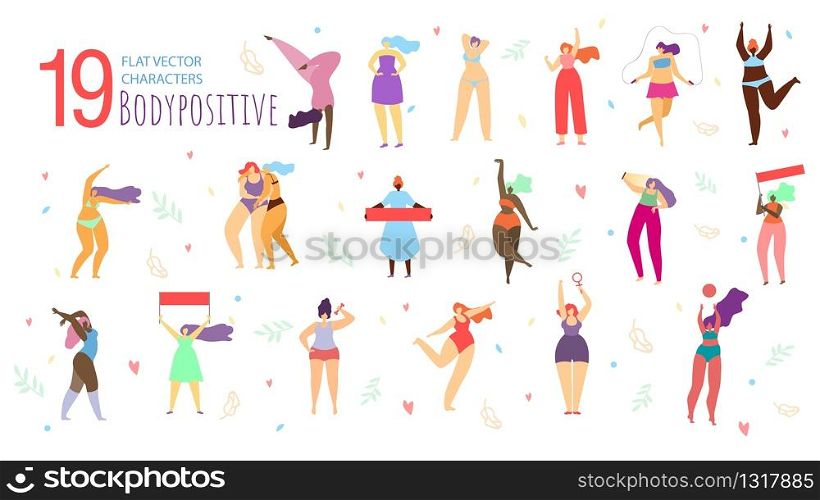 Body Positive Women Multinational Characters Dancing in swimwear, Standing with Banner or Poster, Lady Making Selfie Photo with Friend, Doing Fitness Exercises Trendy Flat Vector Illustration Set