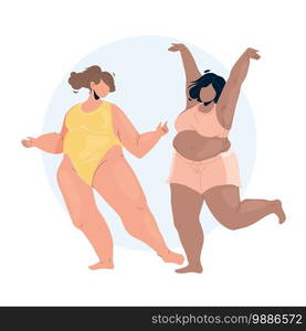 Body Positive Young Woman Couple Dancing Vector. Girls With Confidence And Body Positivity In Underwear Lingerie Dance Together. Characters Lady Funny Happy Time Flat Cartoon Illustration. Body Positive Young Woman Couple Dancing Vector