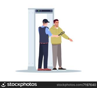 Body scan semi flat RGB color vector illustration. Security officer check passenger. Guard with metal detector. Border control. Airport terminal isolated cartoon character on white background