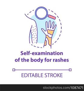 Body self-examination concept icon. Rash, eczema symptoms, signs. Inflammation, itchiness on skin. Safe sex. Dermatology idea thin line illustration. Vector isolated outline drawing. Editable stroke