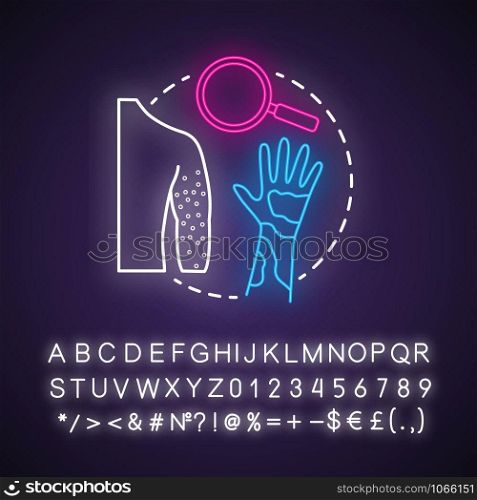 Body self-examination neon light concept icon. Rash symptoms, signs. Inflammation on skin. Safe sex. Dermatology idea. Glowing sign with alphabet, numbers and symbols. Vector isolated illustration