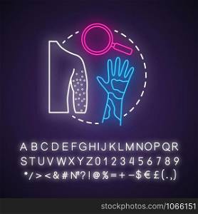 Body self-examination neon light concept icon. Rash symptoms, signs. Inflammation on skin. Safe sex. Dermatology idea. Glowing sign with alphabet, numbers and symbols. Vector isolated illustration