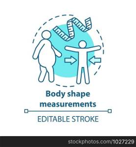 Body shape control concept icon. Fighting obesity, keeping fit idea thin line illustration. Flexible measuring tape. Controlling body mass. Vector isolated outline drawing. Editable stroke. Body shape control concept icon. Fighting obesity, keeping fit idea thin line illustration. Flexible measuring tape. Controlling body mass. Vector isolated outline drawing. Editable stroke