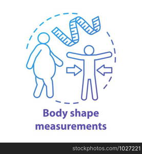 Body shape measuring practice concept icon. Obese versus fit person idea thin line illustration. Measuring tape. Controlling body mass, staying slim. Vector isolated outline drawing. Editable stroke