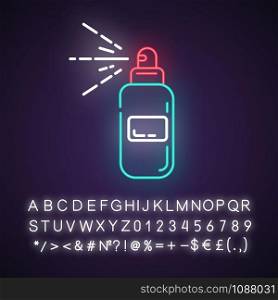 Body spray bottle neon light icon. Depilation, waxing aftercare moisturizing product. Natural, organic skin care. Glowing sign with alphabet, numbers and symbols. Vector isolated illustration
