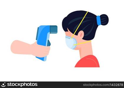 Body temperature check is required. Non-contact thermometer in hand. Human is wearing mask on the face. Coronavirus prevention and control. vector isolated on white background.. Body temperature check is required. Non-contact thermometer in hand. Human is wearing mask on the face. Coronavirus prevention and control