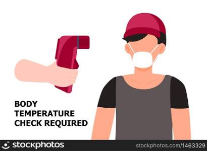 Body temperature check is required. Non-contact thermometer in hand. Man is wearing mask on the face. Coronavirus prevention and control. vector isolated. Body temperature check is required. Non-contact thermometer in hand. Man is wearing mask on the face. Coronavirus prevention and control. vector isolated on white background