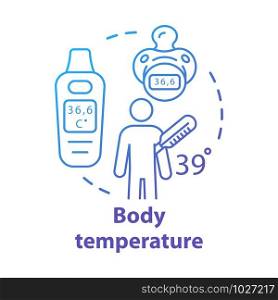 Body temperature measuring gadgets concept icon. Patient having fever idea thin line illustration. Electronic thermometer pacifier for kids. Vector isolated outline drawing. Editable stroke