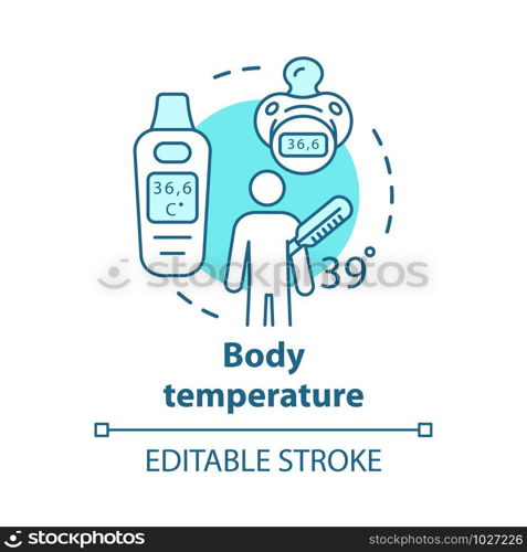 Body temperature measuring hi-tech tools concept icon. Patient with fever idea thin line illustration. Electronic thermometer for kids with display. Vector isolated outline drawing. Editable stroke