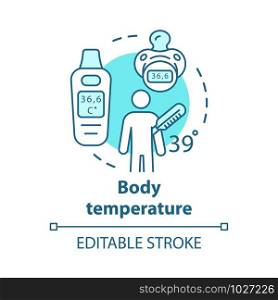 Body temperature measuring hi-tech tools concept icon. Patient with fever idea thin line illustration. Electronic thermometer for kids with display. Vector isolated outline drawing. Editable stroke