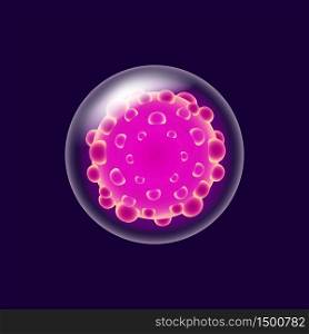 Body virus realistic vector illustration. Bacterial cell. Pathogenic organism. 3d isolated pink color circle shape bacillus. Microorganism under microscope on dark blue background. Body virus realistic vector illustration