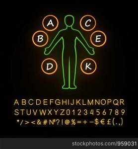 Body vitamins neon light icon. A, B, C, D, E, K multivitamins. Vital minerals and antioxidants. Healthcare and medicine. Glowing sign with alphabet, numbers and symbols. Vector isolated illustration
