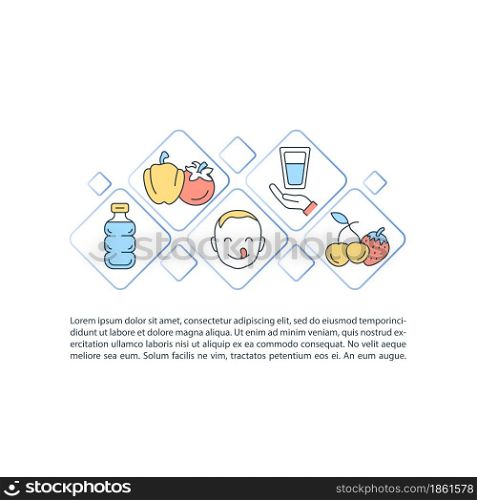 Body water level support concept line icons with text. PPT page vector template with copy space. Brochure, magazine, newsletter design element. Fluid balance linear illustrations on white. Body water level support concept line icons with text