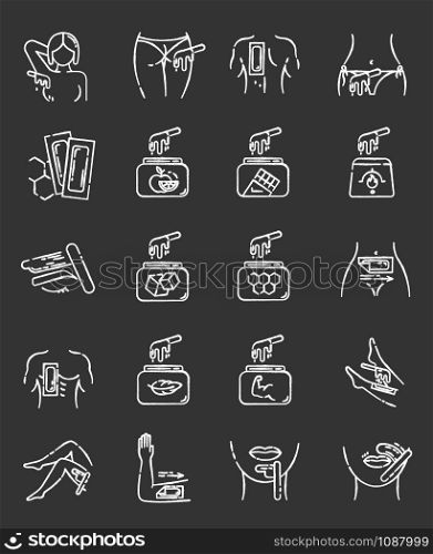 Body waxing chalk icons set. Female facial hair removal procedure. Wax in jar with spatula. Depilation equipment. Professional beauty treatment cosmetics. Isolated vector chalkboard illustrations