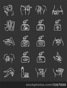 Body waxing chalk icons set. Female facial hair removal procedure. Wax in jar with spatula. Depilation equipment. Professional beauty treatment cosmetics. Isolated vector chalkboard illustrations