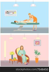 Body wrap for health and slimming results. Resort relaxation of woman sitting in armchair drinking tea relaxing, calm lady tranquil vacations vector. Body Wrap and Resort Relaxation of Woman Vector