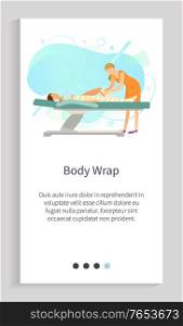 Body wrap, woman character lying on table with mask, spa procedure to female, skincare cosmetic, cellulite procedure, professional massage vector. Website slider app template, landing page flat style. Massage Skincare, Body Wrap, Spa Procedure Vector