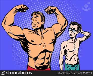 Bodybuilder and thin man sport fitness. Bodybuilder and thin man is the sport of fitness. Retro style pop art humor