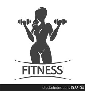 Bodybuilder Gym or Fitness clubTemplate. Athletic Woman Holding Weight Silhouette isolated on white. Vector illustration.