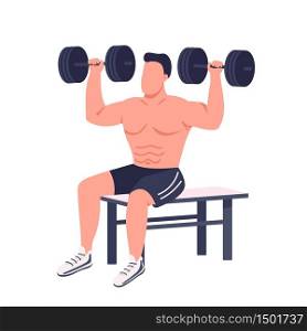Bodybuilder lifting dumbbells flat color vector faceless character. Muscular sportsman working out isolated cartoon illustration for web graphic design and animation. HIIT, intense training at home. Bodybuilder lifting dumbbells flat color vector faceless character